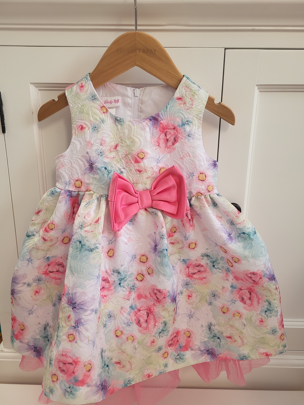 Adorable Bonnie Baby Floral Dress with Pink Bow And Taffeta 18m